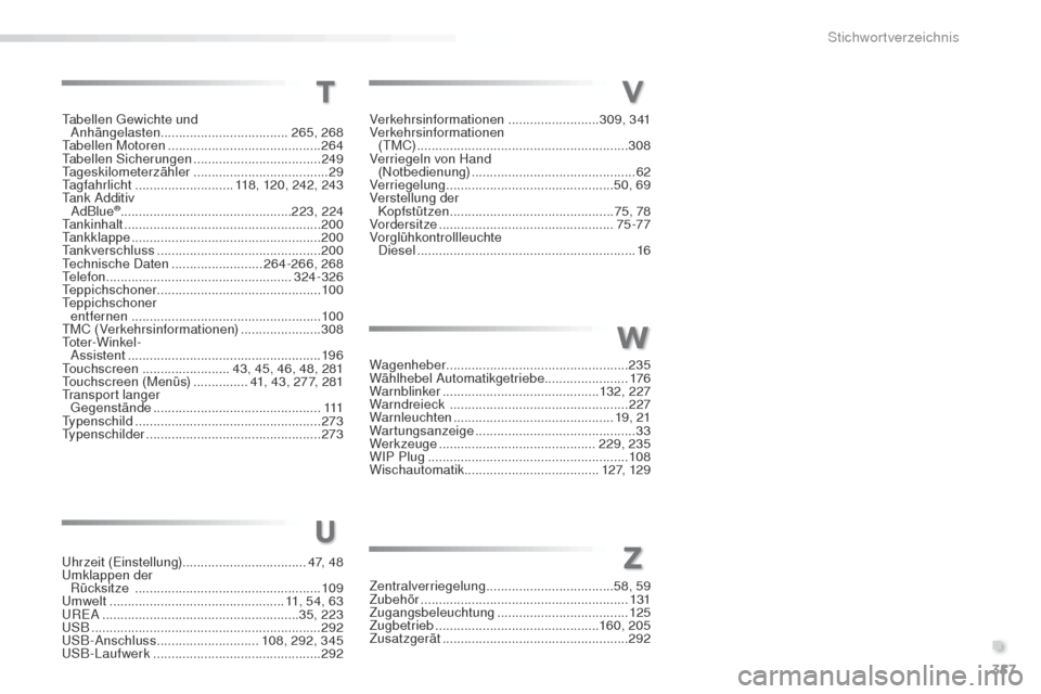 Peugeot 508 RXH 2016  Betriebsanleitung (in German) 357
508_de_Chap11_index-alpha_ed01-2016
tabellen ge wichte und  
Anhängelasten  ................................... 265, 268
ta

bellen Motoren
 
 .......................................... 264
ta

b
