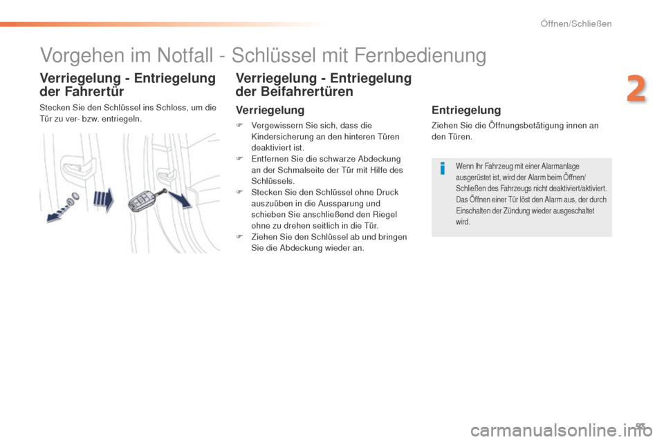 Peugeot 508 RXH 2016  Betriebsanleitung (in German) 53
508_de_Chap02_ouvertures_ed01-2016
Vorgehen im Notfall - Schlüssel mit Fernbedienung
Verriegelung - Entriegelung 
der Fahrertür
Stecken Sie den Schlüssel ins Schloss, um die tür zu ver- bzw. en