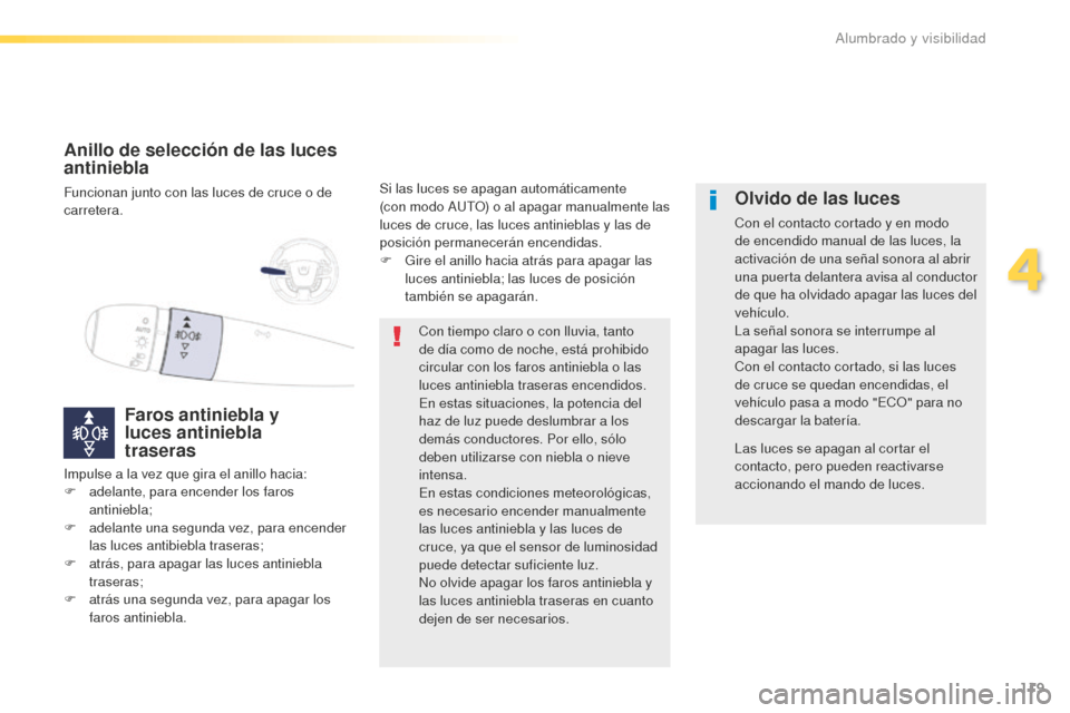 Peugeot 508 RXH 2016 Manual del propietario (in Spanish) 119
508_es_Chap04_eclairage-et-visibilite_ed01-2016
Anillo de selección de las luces
antiniebla
Funcionan junto con las luces de cruce o de
carretera.
Faros antiniebla y
luces antiniebla
traser Peugeot 508 RXH 2016 Manual del propietario (in Spanish) 119
508_es_Chap04_eclairage-et-visibilite_ed01-2016
Anillo de selección de las luces
antiniebla
Funcionan junto con las luces de cruce o de
carretera.
Faros antiniebla y
luces antiniebla
traser
