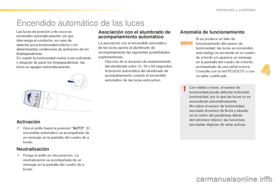 Peugeot 508 RXH 2016 Manual del propietario (in Spanish) 121
508_es_Chap04_eclairage-et-visibilite_ed01-2016
Con niebla o nieve, el sensor de
luminosidad puede detectar suficiente
luminosidad, por lo que las luces no se
encenderán automáticamente.
No c Peugeot 508 RXH 2016 Manual del propietario (in Spanish) 121
508_es_Chap04_eclairage-et-visibilite_ed01-2016
Con niebla o nieve, el sensor de
luminosidad puede detectar suficiente
luminosidad, por lo que las luces no se
encenderán automáticamente.
No c