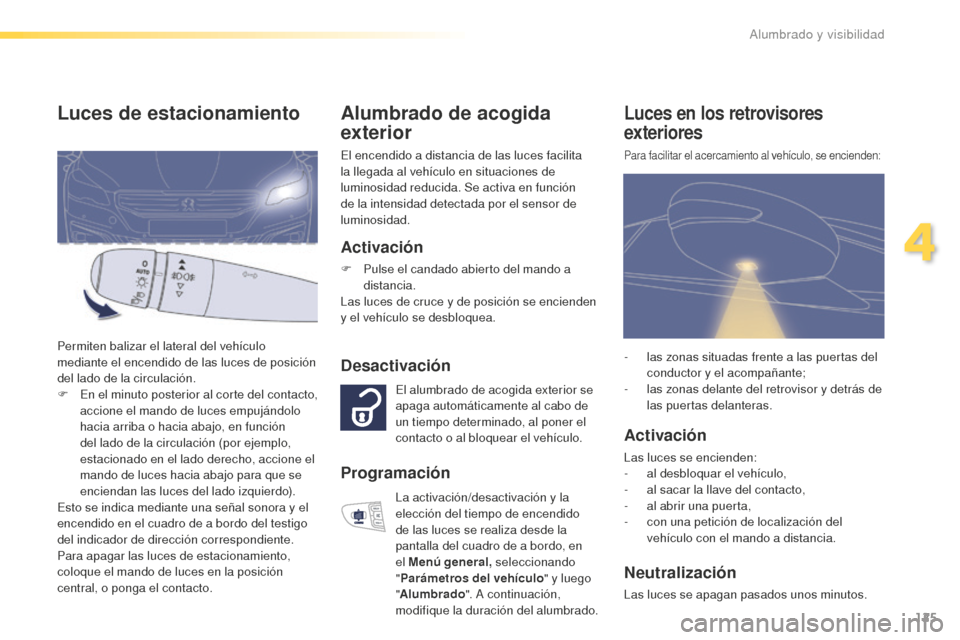 Peugeot 508 RXH 2016 Manual del propietario (in Spanish) 125
508_es_Chap04_eclairage-et-visibilite_ed01-2016
Alumbrado de acogida
exterior
El encendido a distancia de las luces facilita
la llegada al vehículo en situaciones de
luminosidad reducida. Se a Peugeot 508 RXH 2016 Manual del propietario (in Spanish) 125
508_es_Chap04_eclairage-et-visibilite_ed01-2016
Alumbrado de acogida
exterior
El encendido a distancia de las luces facilita
la llegada al vehículo en situaciones de
luminosidad reducida. Se a
