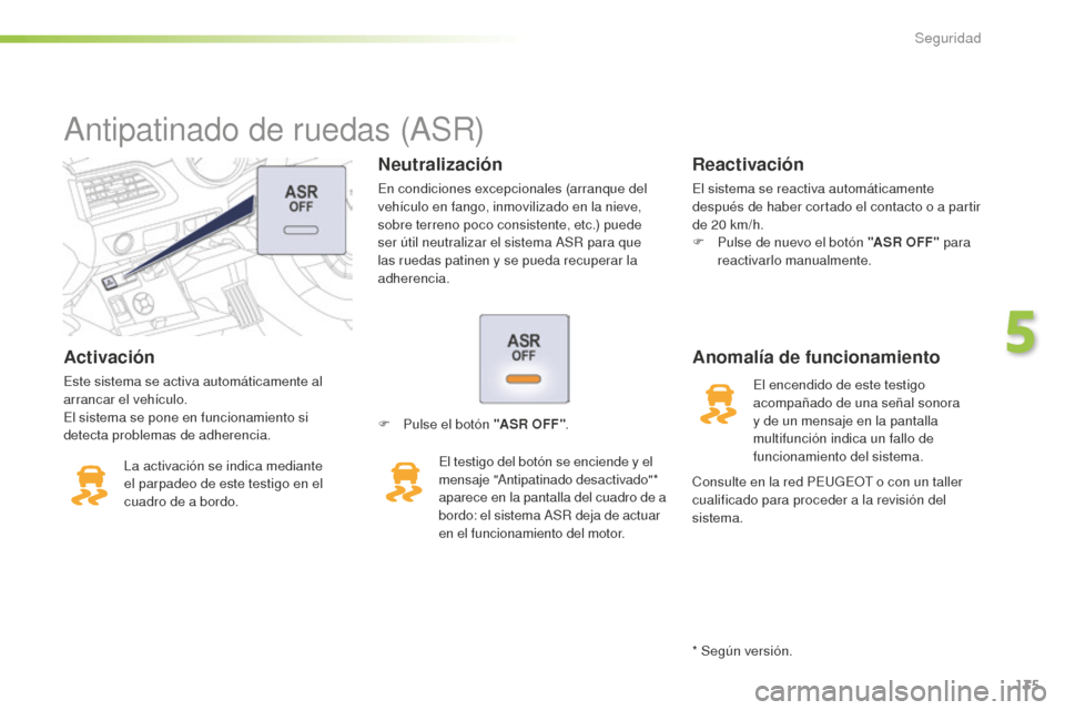 Peugeot 508 RXH 2016 Manual del propietario (in Spanish) 135
508_es_Chap05_securite_ed01-2016
Activación
Este sistema se activa automáticamente al
arrancar el vehículo.
El sistema se pone en funcionamiento si
detecta problemas de adherencia.La activaci Peugeot 508 RXH 2016 Manual del propietario (in Spanish) 135
508_es_Chap05_securite_ed01-2016
Activación
Este sistema se activa automáticamente al
arrancar el vehículo.
El sistema se pone en funcionamiento si
detecta problemas de adherencia.La activaci