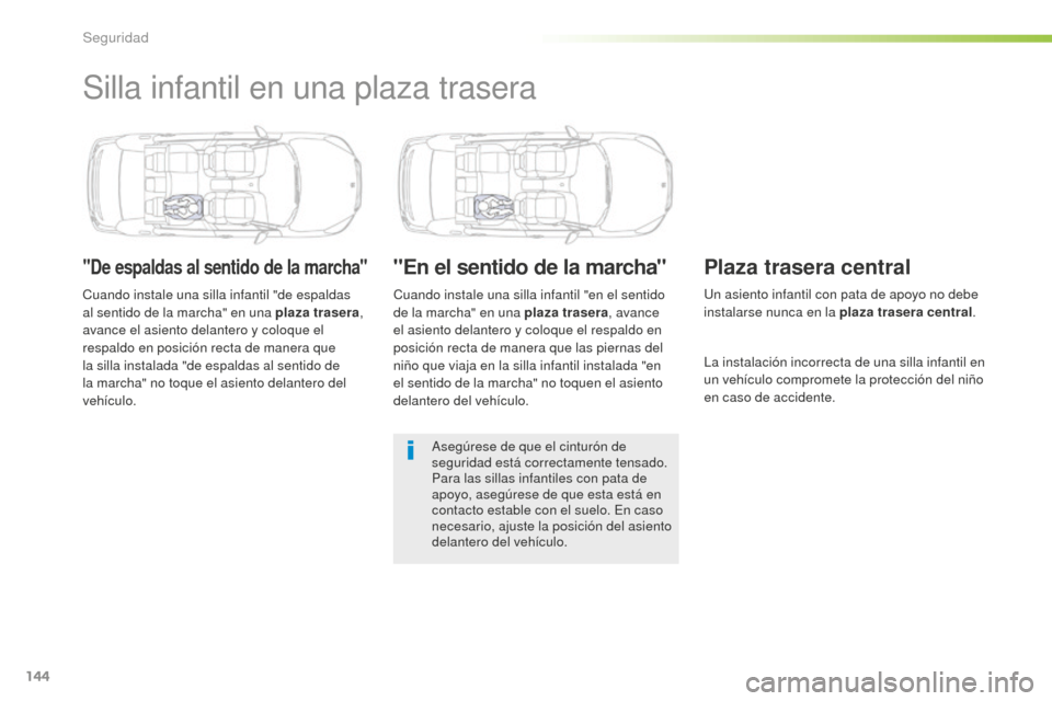 Peugeot 508 RXH 2016  Manual del propietario (in Spanish) 144
508_es_Chap05_securite_ed01-2016
Silla infantil en una plaza trasera
"De espaldas al sentido de la marcha"
Cuando instale una silla infantil "de espaldas 
al sentido de la marcha" en una plaza tra