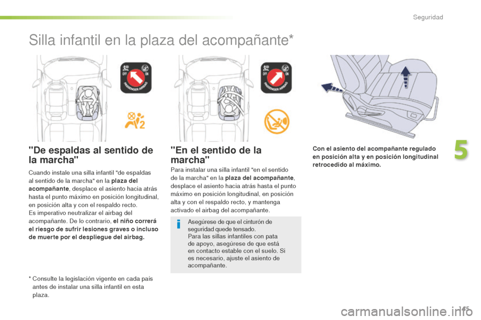 Peugeot 508 RXH 2016  Manual del propietario (in Spanish) 145
508_es_Chap05_securite_ed01-2016
"De espaldas al sentido de 
la marcha""En el sentido de la 
marcha"
Para instalar una silla infantil "en el sentido 
de la marcha" en la plaza del acompañante
, 
