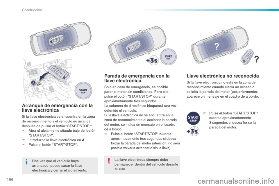 Peugeot 508 RXH 2016 Manual del propietario (in Spanish) 166
508_es_Chap06_conduite_ed01-2016
Arranque de emergencia con la
llave electrónica
Si la llave electrónica se encuentra en la zona
de reconocimiento y el vehículo no arranca,
después de pulsa Peugeot 508 RXH 2016 Manual del propietario (in Spanish) 166
508_es_Chap06_conduite_ed01-2016
Arranque de emergencia con la
llave electrónica
Si la llave electrónica se encuentra en la zona
de reconocimiento y el vehículo no arranca,
después de pulsa