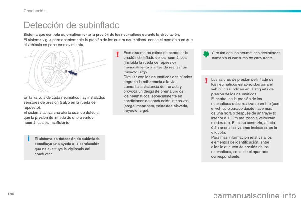 Peugeot 508 RXH 2016 Manual del propietario (in Spanish) 186
508_es_Chap06_conduite_ed01-2016
Detección de subinflado
Sistema que controla automáticamente la presión de los neumáticos durante la circulación.
El sistema vigila permanentemente la presió Peugeot 508 RXH 2016 Manual del propietario (in Spanish) 186
508_es_Chap06_conduite_ed01-2016
Detección de subinflado
Sistema que controla automáticamente la presión de los neumáticos durante la circulación.
El sistema vigila permanentemente la presió