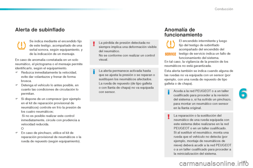 Peugeot 508 RXH 2016 Manual del propietario (in Spanish) 187
508_es_Chap06_conduite_ed01-2016
La pérdida de presión detectada no
siempre implica una deformación visible
del neumático.
No se conforme con realizar un control
visual.
La alerta permanece Peugeot 508 RXH 2016 Manual del propietario (in Spanish) 187
508_es_Chap06_conduite_ed01-2016
La pérdida de presión detectada no
siempre implica una deformación visible
del neumático.
No se conforme con realizar un control
visual.
La alerta permanece