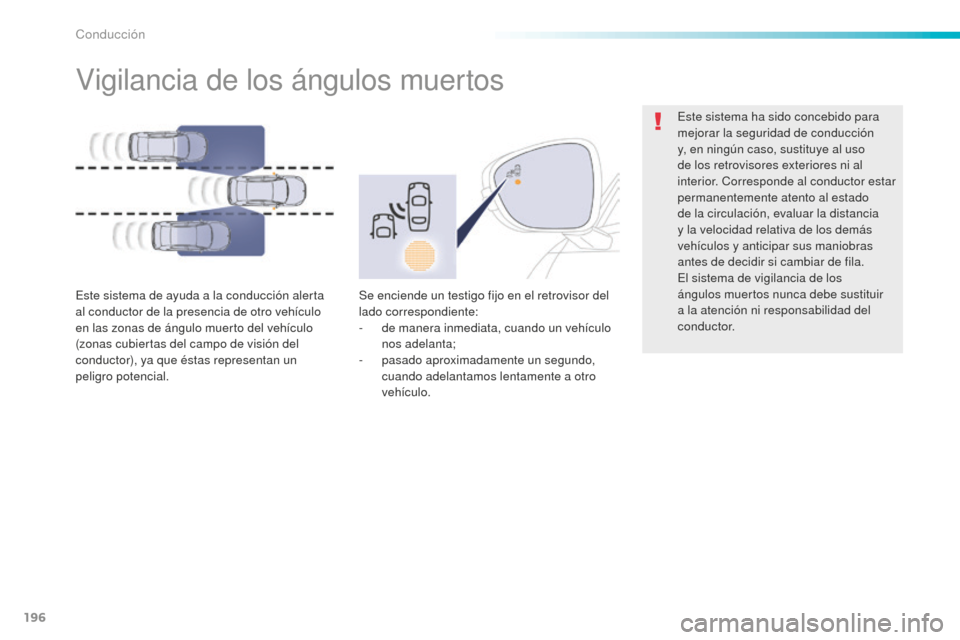 Peugeot 508 RXH 2016  Manual del propietario (in Spanish) 196
508_es_Chap06_conduite_ed01-2016
Vigilancia de los ángulos muertos
Este sistema de ayuda a la conducción alerta 
al conductor de la presencia de otro vehículo 
en las zonas de ángulo muerto de