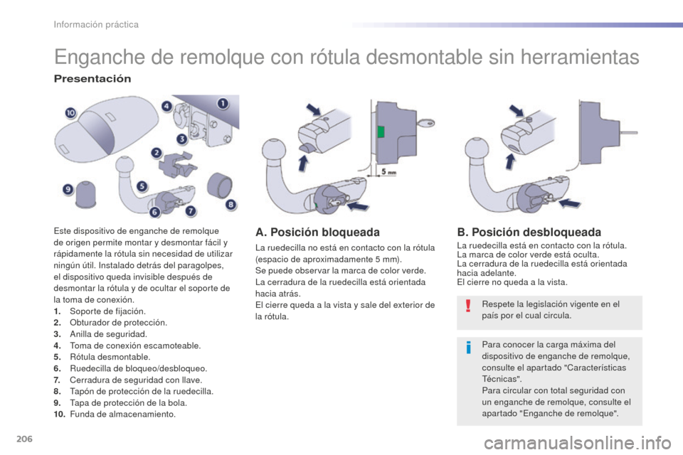 Peugeot 508 RXH 2016  Manual del propietario (in Spanish) 206
508_es_Chap07_info-pratiques_ed01-2016
Enganche de remolque con rótula desmontable sin herramientas
Presentación
Este dispositivo de enganche de remolque 
de origen permite montar y desmontar f