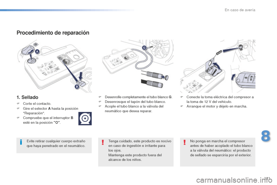 Peugeot 508 RXH 2016  Manual del propietario (in Spanish) 231
508_es_Chap08_en-cas-de-pannes_ed01-2016
Procedimiento de reparación
1. SelladoF Desenrolle completamente el tubo blanco G.
F De senrosque el tapón del tubo blanco.
F
 Ac

ople el tubo blanco a 