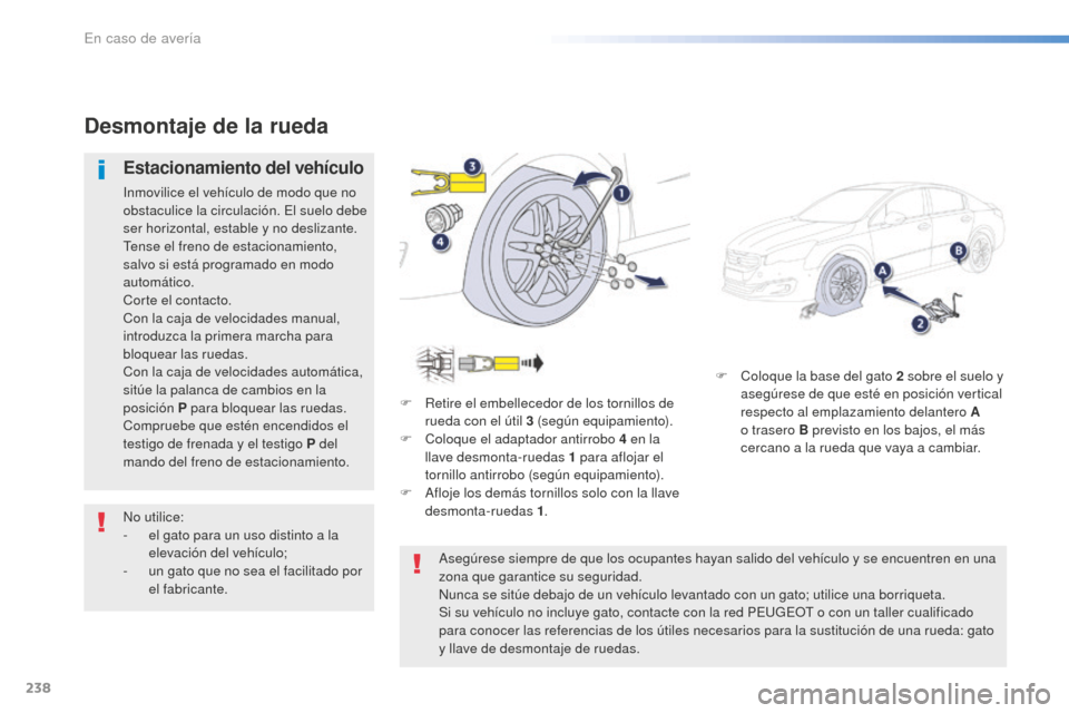 Peugeot 508 RXH 2016  Manual del propietario (in Spanish) 238
508_es_Chap08_en-cas-de-pannes_ed01-2016
F Coloque la base del gato 2 sobre el suelo y 
asegúrese de que esté en posición vertical 
respecto al emplazamiento delantero A 
o trasero B previsto e