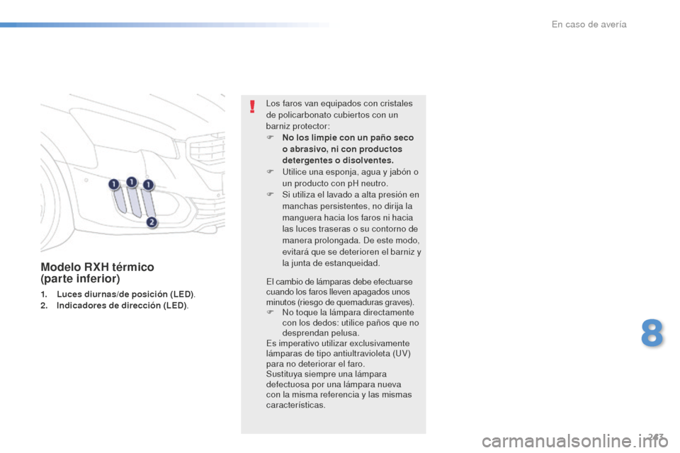 Peugeot 508 RXH 2016 Manual del propietario (in Spanish) 243
508_es_Chap08_en-cas-de-pannes_ed01-2016
Modelo RXH térmico
(parte inferior)
1. Luces diurnas/de posición (LE D).
2. Ind icadores de dirección ( LED). Los faros van equipados con cristales
d Peugeot 508 RXH 2016 Manual del propietario (in Spanish) 243
508_es_Chap08_en-cas-de-pannes_ed01-2016
Modelo RXH térmico
(parte inferior)
1. Luces diurnas/de posición (LE D).
2. Ind icadores de dirección ( LED). Los faros van equipados con cristales
d