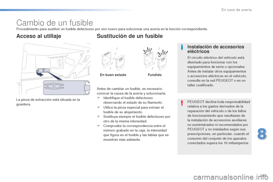 Peugeot 508 RXH 2016 Manual del propietario (in Spanish) 249
508_es_Chap08_en-cas-de-pannes_ed01-2016
Cambio de un fusibleProcedimiento para sustituir un fusible defectuoso por uno nuevo para solucionar una avería en la función correspondiente.
La pinza d Peugeot 508 RXH 2016 Manual del propietario (in Spanish) 249
508_es_Chap08_en-cas-de-pannes_ed01-2016
Cambio de un fusibleProcedimiento para sustituir un fusible defectuoso por uno nuevo para solucionar una avería en la función correspondiente.
La pinza d