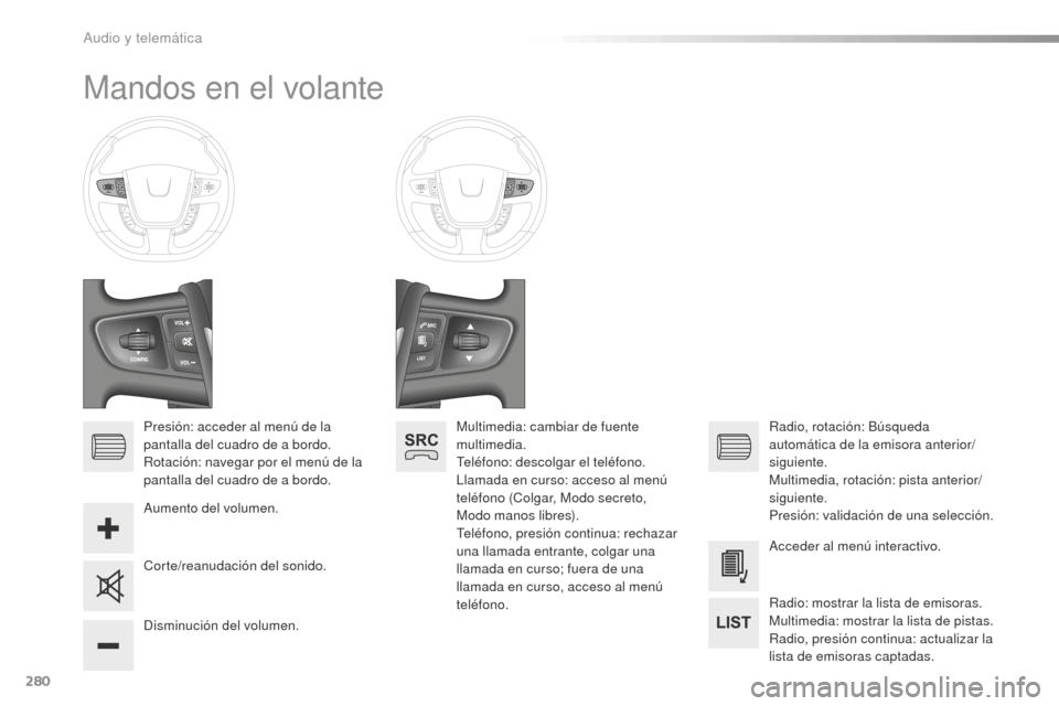 Peugeot 508 RXH 2016  Manual del propietario (in Spanish) 280
508_es_Chap10c_SMEGplus_ed01-2016
Mandos en el volante
Presión: acceder al menú de la 
pantalla del cuadro de a bordo.
Rotación: navegar por el menú de la 
pantalla del cuadro de a bordo.
Aume