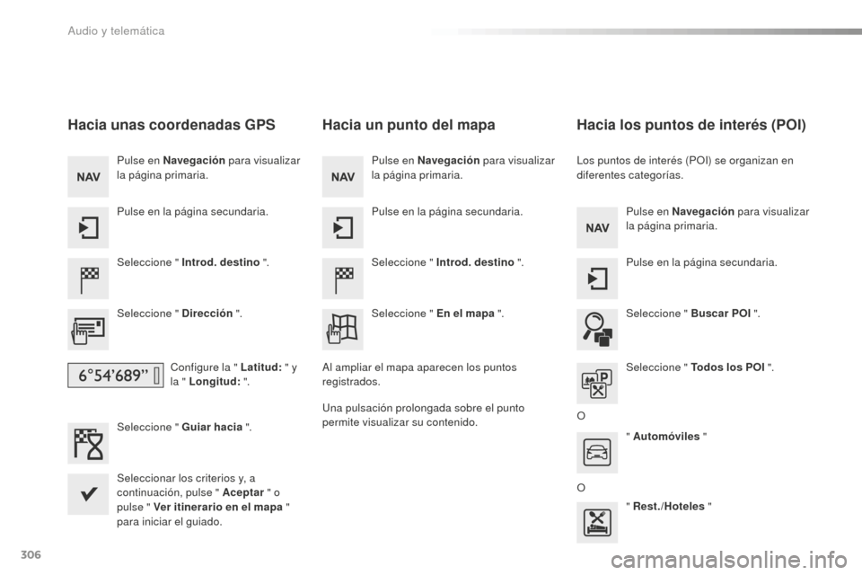 Peugeot 508 RXH 2016  Manual del propietario (in Spanish) 306
508_es_Chap10c_SMEGplus_ed01-2016
Hacia unas coordenadas GPS
Seleccione " Introd. destino ".
Seleccione " Dirección  ".
Configure la " Latitud:  " y 
la " Longitud:  ".
Seleccione " Guiar hacia  