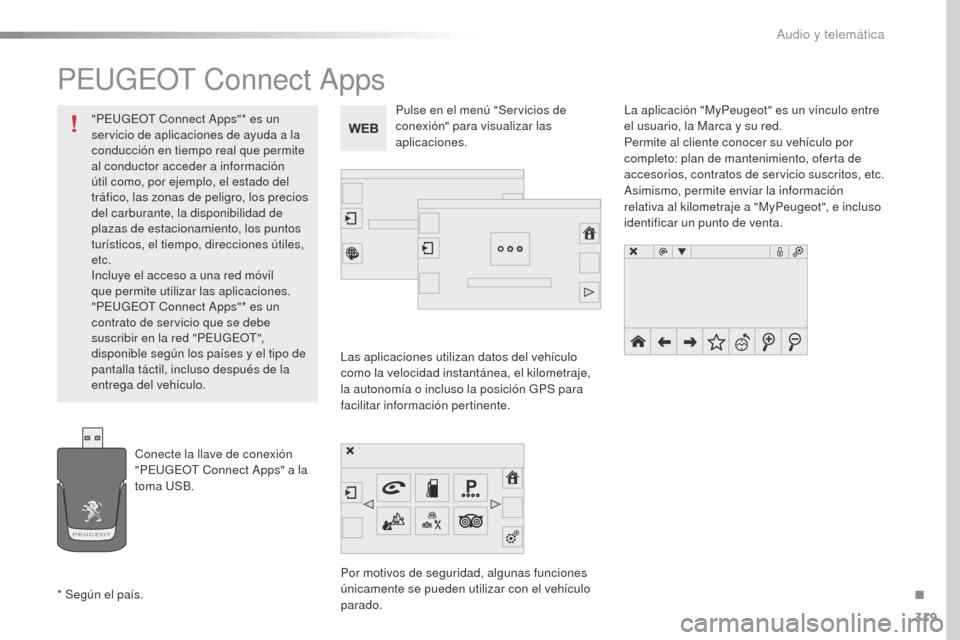 Peugeot 508 RXH 2016  Manual del propietario (in Spanish) 319
508_es_Chap10c_SMEGplus_ed01-2016
PEUGEOT Connect Apps
Las aplicaciones utilizan datos del vehículo 
como la velocidad instantánea, el kilometraje, 
la autonomía o incluso la posición GPS para