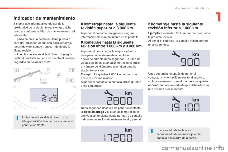 Peugeot 508 RXH 2016 Manual del propietario (in Spanish) 33
508_es_Chap01_instrument-bord_ed01-2016
Indicador de mantenimiento
Kilometraje hasta la siguiente
revisión superior a 3.000 km
Al poner el contacto, no aparece ninguna
información de mantenimie Peugeot 508 RXH 2016 Manual del propietario (in Spanish) 33
508_es_Chap01_instrument-bord_ed01-2016
Indicador de mantenimiento
Kilometraje hasta la siguiente
revisión superior a 3.000 km
Al poner el contacto, no aparece ninguna
información de mantenimie
