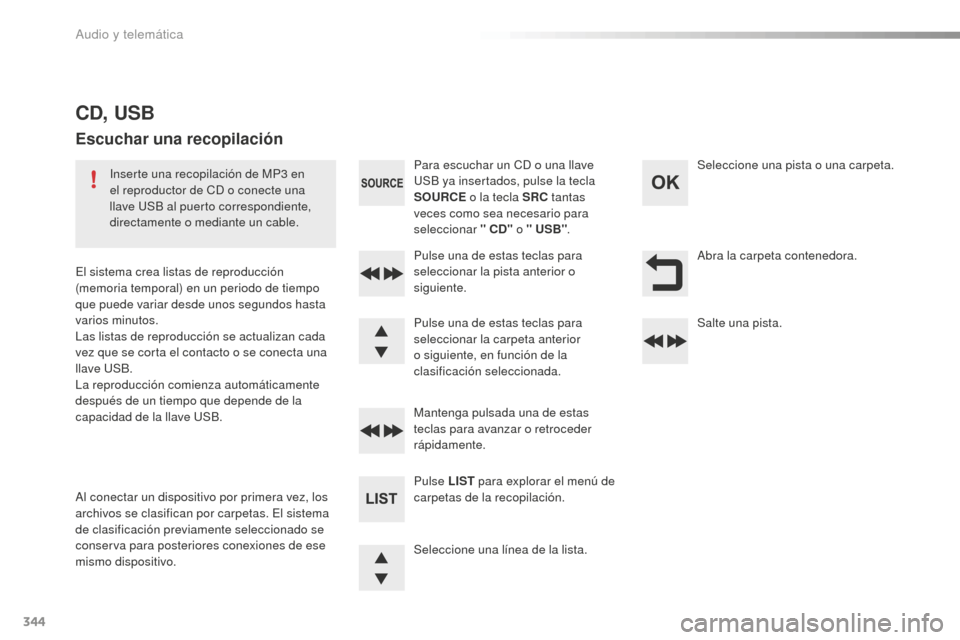 Peugeot 508 RXH 2016  Manual del propietario (in Spanish) 344
508_es_Chap10d_RD5_ed01-2016
Abra la carpeta contenedora.
Seleccione una línea de la lista. Pulse una de estas teclas para 
seleccionar la pista anterior o 
siguiente.
Mantenga pulsada una de est
