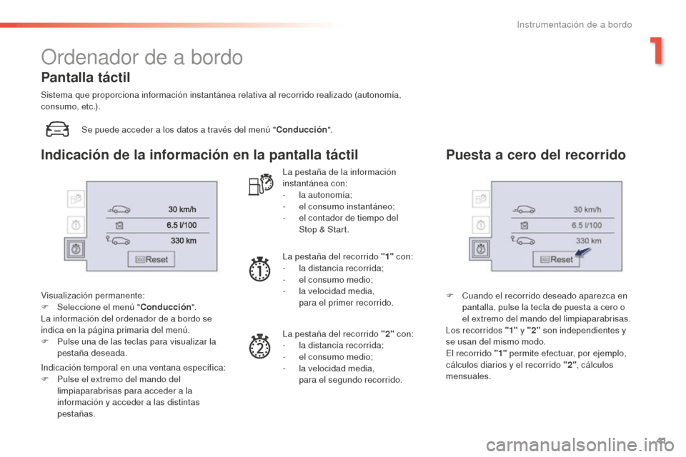 Peugeot 508 RXH 2016  Manual del propietario (in Spanish) 41
508_es_Chap01_instrument-bord_ed01-2016
Ordenador de a bordo
Se puede acceder a los datos a través del menú "Conducción".
Visualización permanente:
F
 Selec

cione el menú " Conducción".
La i