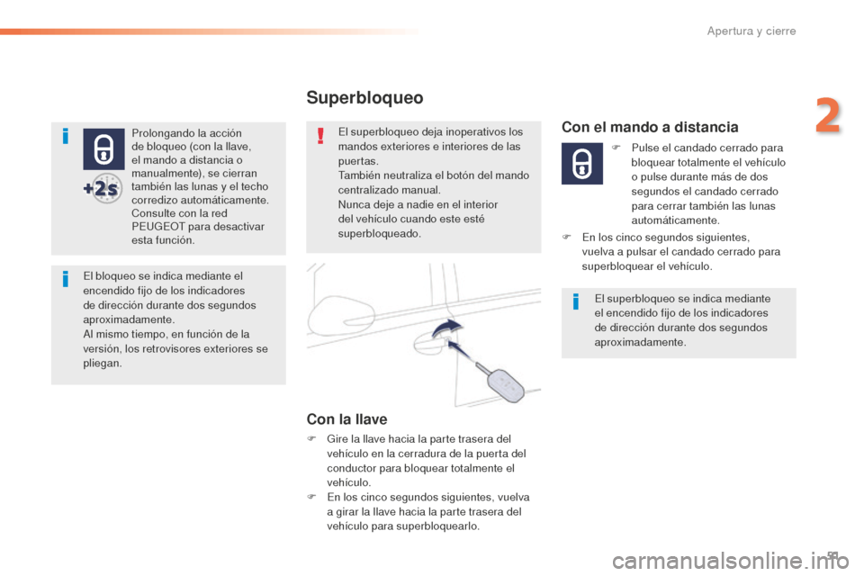 Peugeot 508 RXH 2016 Manual del propietario (in Spanish) 51
508_es_Chap02_ouvertures_ed01-2016
Prolongando la acción
de bloqueo (con la llave,
el mando a distancia o
manualmente), se cierran
también las lunas y el techo
corredizo automáticamente.
Co Peugeot 508 RXH 2016 Manual del propietario (in Spanish) 51
508_es_Chap02_ouvertures_ed01-2016
Prolongando la acción
de bloqueo (con la llave,
el mando a distancia o
manualmente), se cierran
también las lunas y el techo
corredizo automáticamente.
Co