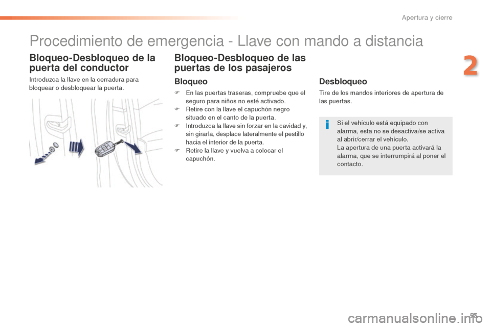 Peugeot 508 RXH 2016 Manual del propietario (in Spanish) 53
508_es_Chap02_ouvertures_ed01-2016
Procedimiento de emergencia - Llave con mando a distancia
Bloqueo-Desbloqueo de la
puerta del conductor
Introduzca la llave en la cerradura para
bloquear o desb Peugeot 508 RXH 2016 Manual del propietario (in Spanish) 53
508_es_Chap02_ouvertures_ed01-2016
Procedimiento de emergencia - Llave con mando a distancia
Bloqueo-Desbloqueo de la
puerta del conductor
Introduzca la llave en la cerradura para
bloquear o desb