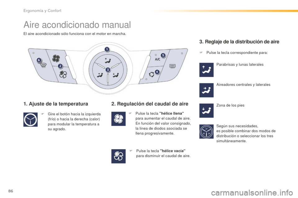 Peugeot 508 RXH 2016  Manual del propietario (in Spanish) 86
508_es_Chap03_ergonomie-et-confort_ed01-2016
Aire acondicionado manual
El aire acondicionado sólo funciona con el motor en marcha.
1. Ajuste de la temperatura
F Gire el botón hacia la izquierda 
