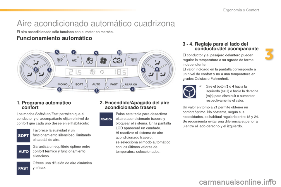 Peugeot 508 RXH 2016 Manual del propietario (in Spanish) 91
508_es_Chap03_ergonomie-et-confort_ed01-2016
Aire acondicionado automático cuadrizona
Funcionamiento automático
1. Programa automático
confort
Los modos Soft /Auto/Fast permiten que el
condu Peugeot 508 RXH 2016 Manual del propietario (in Spanish) 91
508_es_Chap03_ergonomie-et-confort_ed01-2016
Aire acondicionado automático cuadrizona
Funcionamiento automático
1. Programa automático
confort
Los modos Soft /Auto/Fast permiten que el
condu