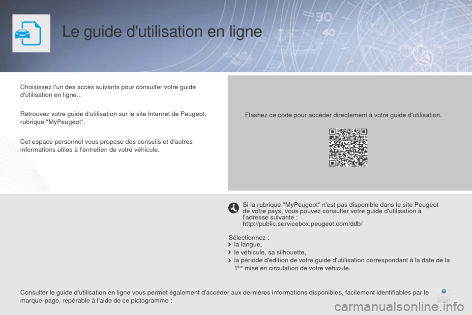 Peugeot 508 RXH 2016  Manuel du propriétaire (in French) Le guide dutilisation en ligne
Choisissez lun des accès suivants pour consulter votre guide 
dutilisation en ligne...
Retrouvez votre guide dutilisation sur le site Internet de Peugeot, 
rubrique