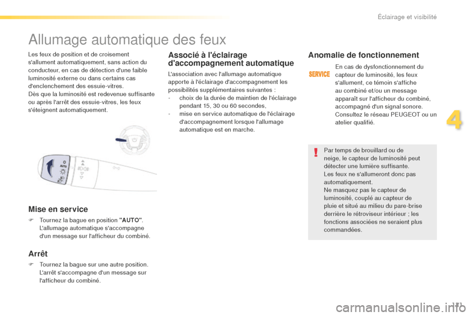 Peugeot 508 RXH 2016  Manuel du propriétaire (in French) 121
Par temps de brouillard ou de 
neige, le capteur de luminosité peut 
détecter une lumière suffisante. 
Les feux ne sallumeront donc pas 
automatiquement.
Ne masquez pas le capteur de 
luminosi