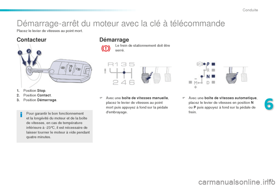 Peugeot 508 RXH 2016  Manuel du propriétaire (in French) 161
Démarrage-arrêt du moteur avec la clé à télécommande
Le frein de stationnement doit être 
serré.
Démarrage
Contacteur
Pour garantir le bon fonctionnement 
et la longévité du moteur et d
