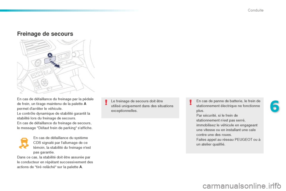 Peugeot 508 RXH 2016  Manuel du propriétaire (in French) 171
Freinage de secours
En cas de défaillance du freinage par la pédale 
de frein, un tirage maintenu de la palette A 
permet darrêter le véhicule.
Le contrôle dynamique de stabilité garantit l