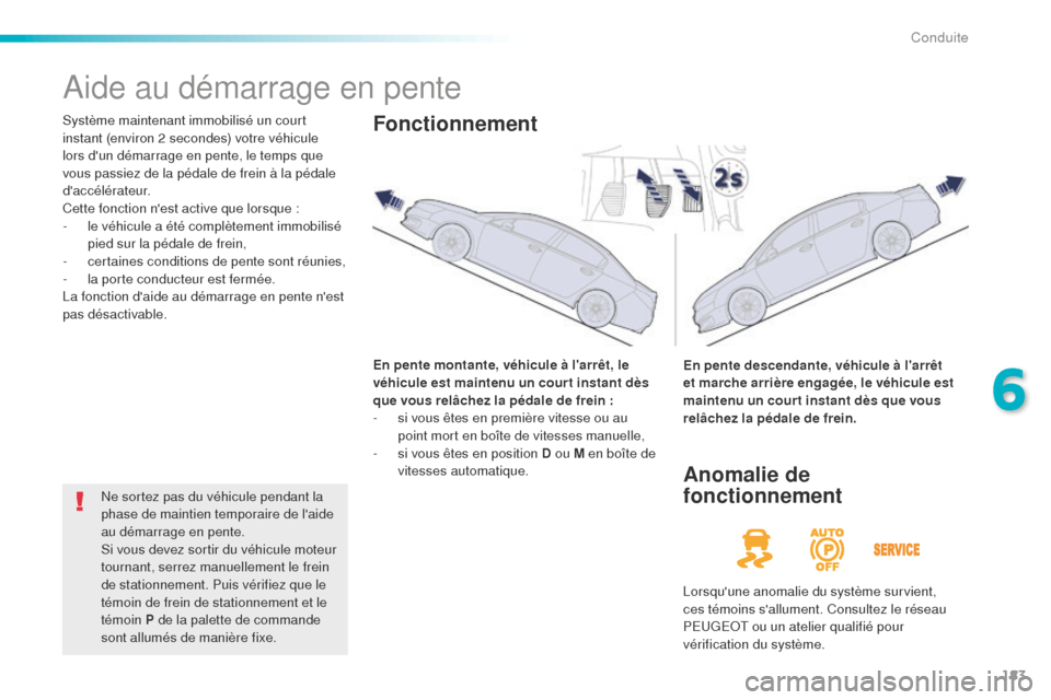 Peugeot 508 RXH 2016 Manuel du propriétaire (in French) 183
Aide au démarrage en pente
Système maintenant immobilisé un court
instant (environ 2 secondes) votre véhicule
lors dun démarrage en pente, le temps que
vous passiez de la pédale de frein Peugeot 508 RXH 2016 Manuel du propriétaire (in French) 183
Aide au démarrage en pente
Système maintenant immobilisé un court
instant (environ 2 secondes) votre véhicule
lors dun démarrage en pente, le temps que
vous passiez de la pédale de frein