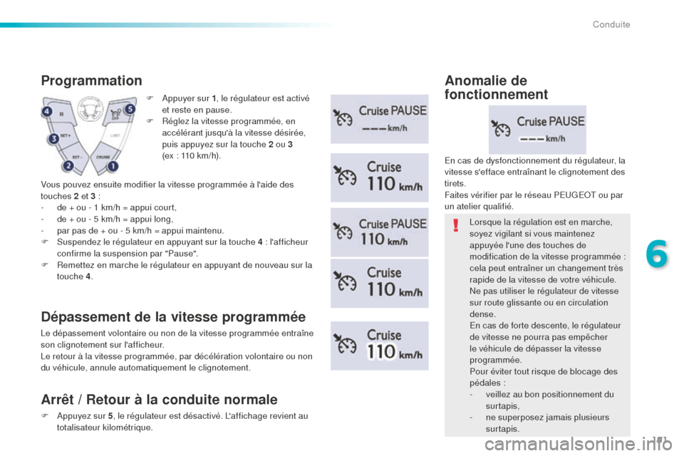 Peugeot 508 RXH 2016  Manuel du propriétaire (in French) 191
F Appuyer sur 1, le régulateur est activé 
et reste en pause.
F
 
R
 églez la vitesse programmée, en 
accélérant jusquà la vitesse désirée, 
puis appuyez sur la touche 2 ou 3  
(ex : 110