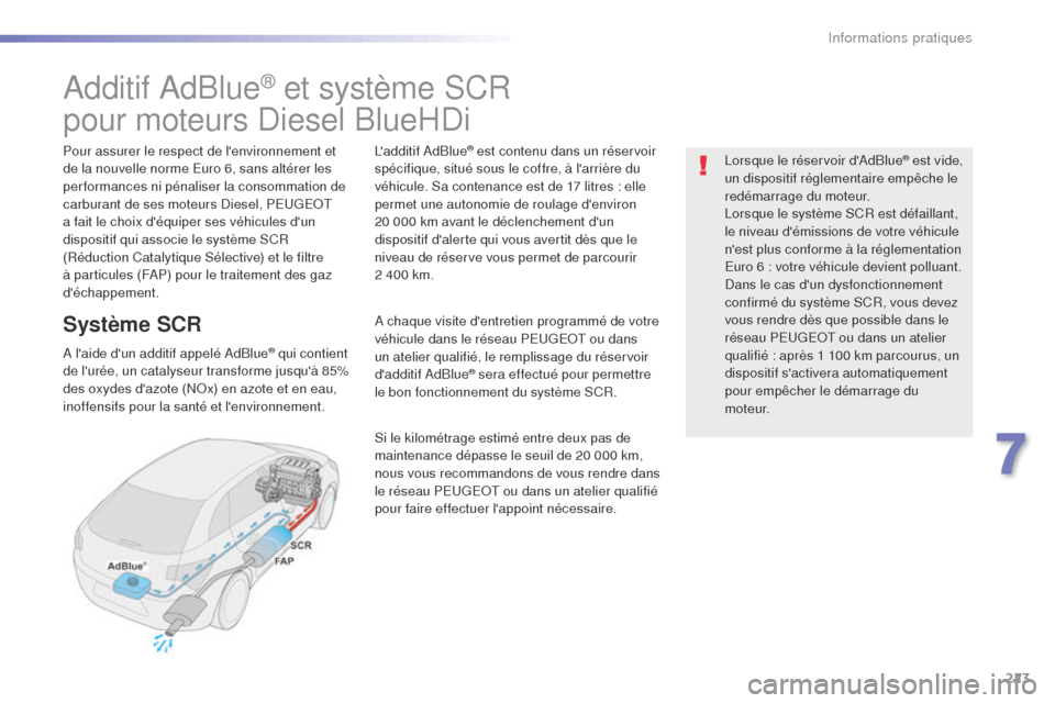 Peugeot 508 RXH 2016  Manuel du propriétaire (in French) 223
Additif AdBlue® et système SCR
pour moteurs Diesel BlueHDi
Pour assurer le respect de lenvironnement et 
de la nouvelle norme Euro 6, sans altérer les 
performances ni pénaliser la consommati
