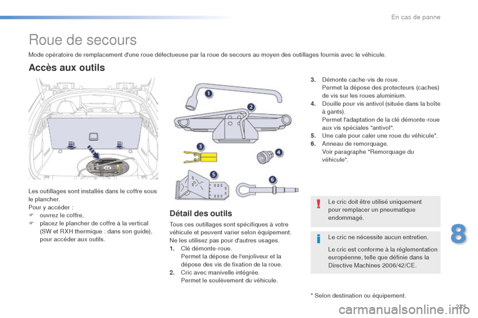 Peugeot 508 RXH 2016  Manuel du propriétaire (in French) 235
Roue de secours
Les outillages sont installés dans le coffre sous 
le plancher.
Pour y accéder :
F 
o
 uvrez le coffre,
F
 
p
 lacez le plancher de coffre à la vertical 
(SW et R XH thermique :