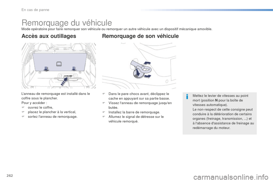 Peugeot 508 RXH 2016  Manuel du propriétaire (in French) 262
Remorquage du véhiculeMode opératoire pour faire remorquer son véhicule ou remorquer un autre véhicule avec un dispositif mécanique amovible.
Remorquage de son véhicule
Accès aux outillages