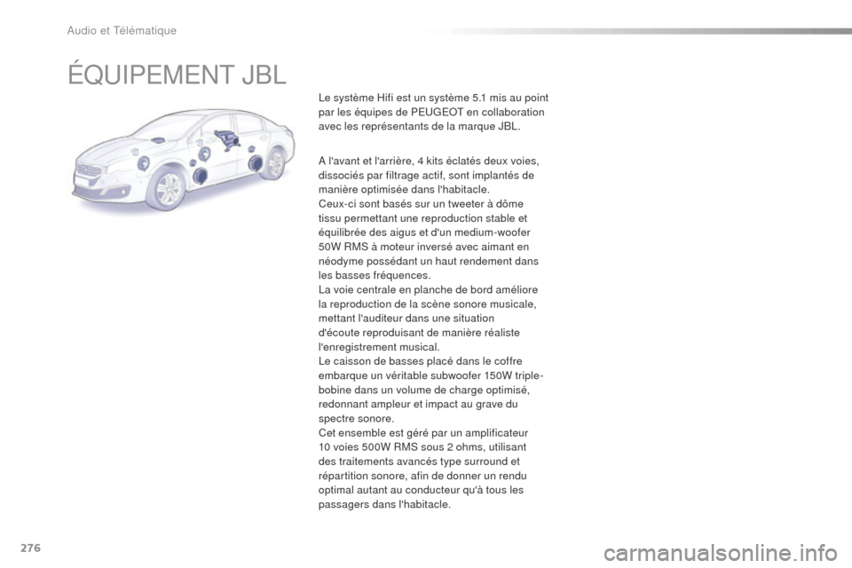 Peugeot 508 RXH 2016  Manuel du propriétaire (in French) 276
ÉQUIPEMENT JBL
Le système Hifi est un système 5.1 mis au point 
par les équipes de PEUGEOT en collaboration 
avec les représentants de la marque JBL.
A lavant et larrière, 4 kits éclatés
