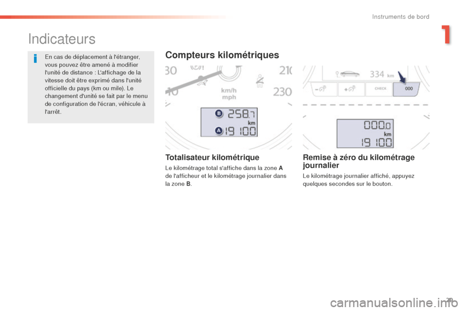 Peugeot 508 RXH 2016  Manuel du propriétaire (in French) 29
Totalisateur kilométrique
Le kilométrage total saffiche dans la zone A 
de lafficheur et le kilométrage journalier dans 
la zone B.
Remise à zéro du kilométrage 
journalier
Le kilométrage 