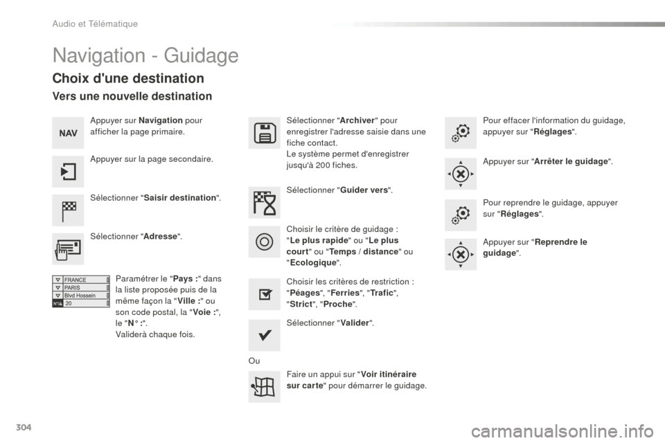 Peugeot 508 RXH 2016  Manuel du propriétaire (in French) 304
Navigation - Guidage
Choix dune destination
Sélectionner "Saisir destination ".Sélectionner "
Archiver" pour 
enregistrer ladresse saisie dans une 
fiche contact.
Le système permet denregist