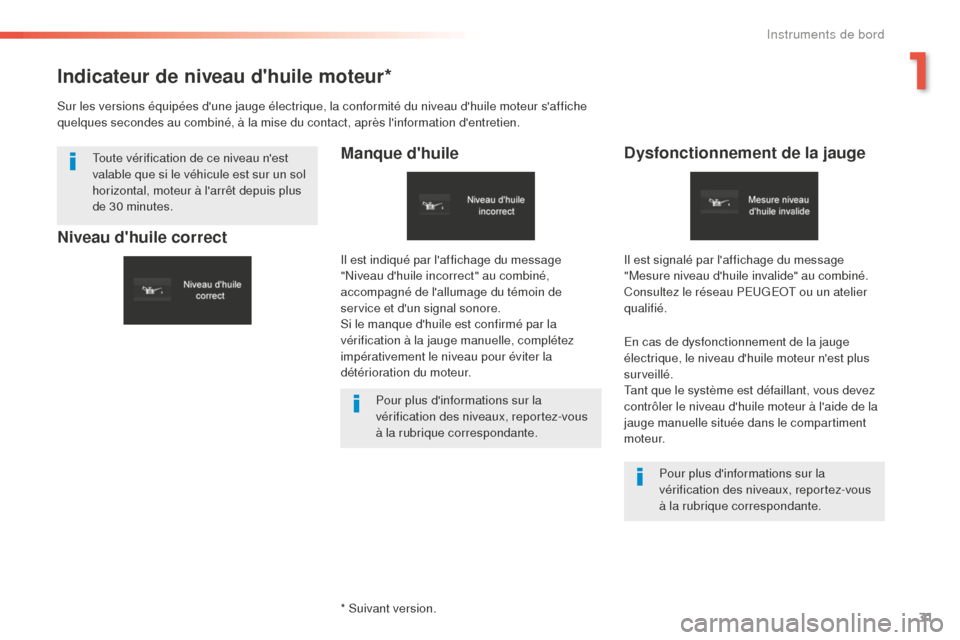 Peugeot 508 RXH 2016 Manuel du propriétaire (in French) 31
Indicateur de niveau dhuile moteur*
Manque dhuileDysfonctionnement de la jauge
En cas de dysfonctionnement de la jauge
électrique, le niveau dhuile moteur nest plus
surveillé.
Tant que le s Peugeot 508 RXH 2016 Manuel du propriétaire (in French) 31
Indicateur de niveau dhuile moteur*
Manque dhuileDysfonctionnement de la jauge
En cas de dysfonctionnement de la jauge
électrique, le niveau dhuile moteur nest plus
surveillé.
Tant que le s