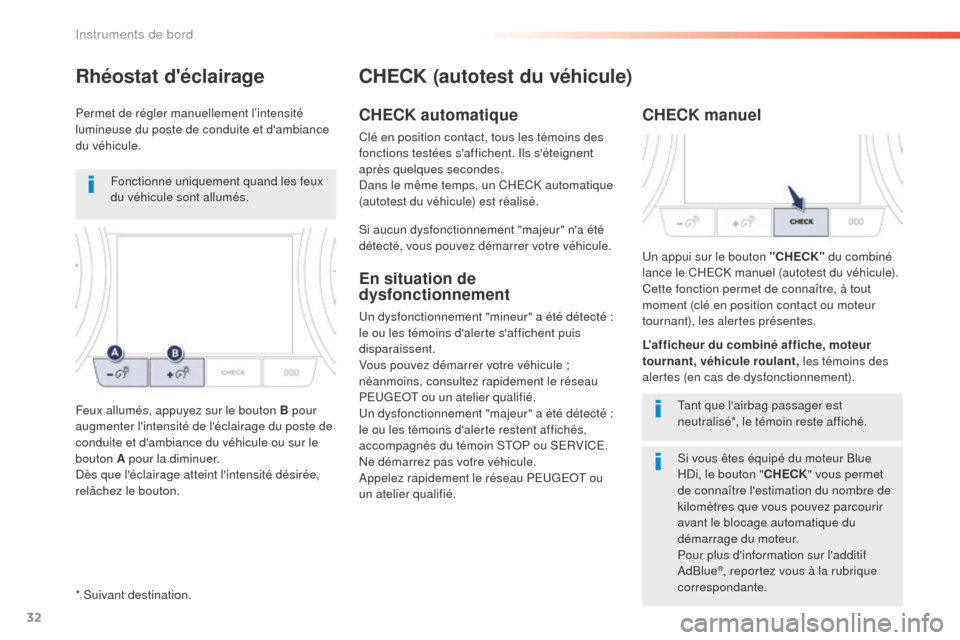 Peugeot 508 RXH 2016  Manuel du propriétaire (in French) 32
* Suivant destination.
CHECK (autotest du véhicule)
CHECK automatique
Clé en position contact, tous les témoins des 
fonctions testées saffichent. Ils séteignent 
après quelques
 
secondes.