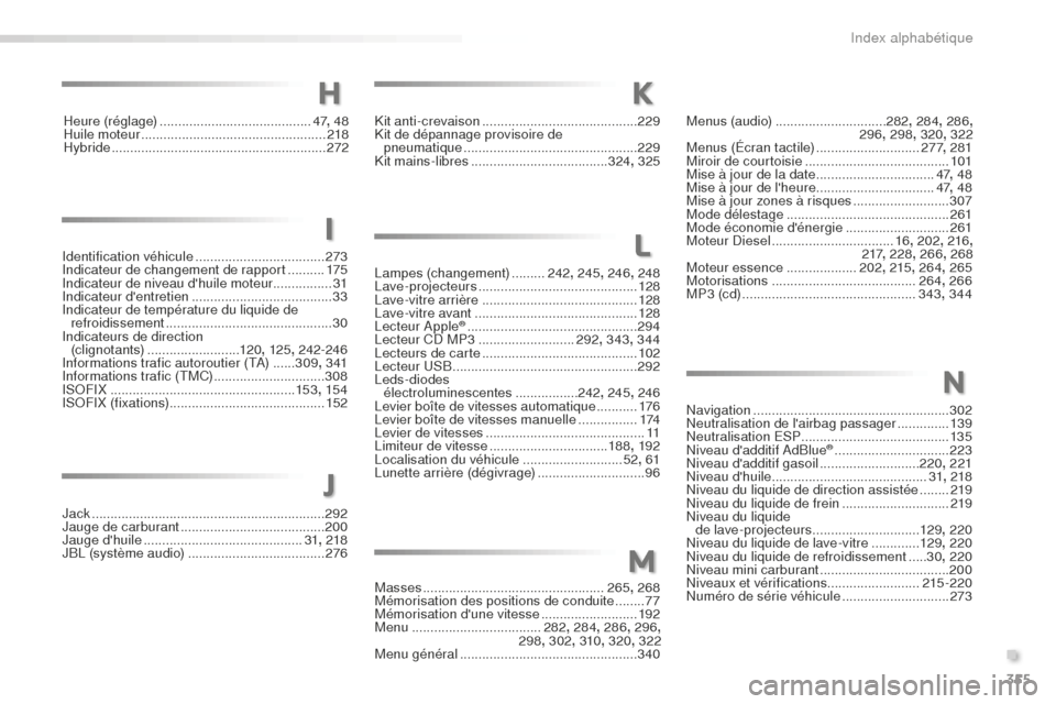 Peugeot 508 RXH 2016  Manuel du propriétaire (in French) 355
Identification véhicule ...................................273
Indicateur de changement de rapport   ..........175
Indicateur de niveau dhuile moteur ................31
Indicateur dentretien
 .