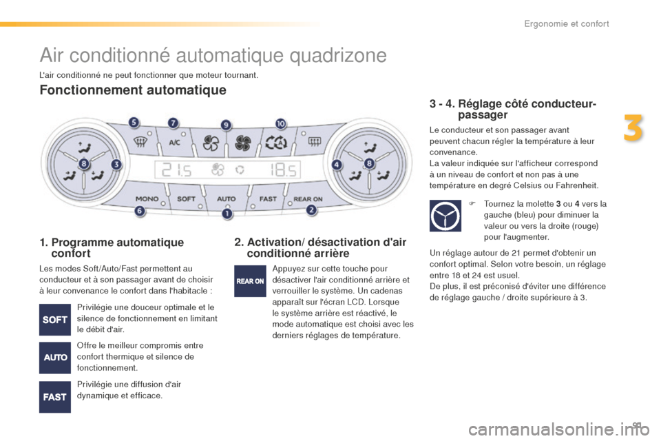 Peugeot 508 RXH 2016 Manuel du propriétaire (in French) 91
Air conditionné automatique quadrizone
Fonctionnement automatique
1. Programme automatique confort
Les modes Soft /Auto/Fast permettent au
conducteur et à son passager avant de choisir
à leur Peugeot 508 RXH 2016 Manuel du propriétaire (in French) 91
Air conditionné automatique quadrizone
Fonctionnement automatique
1. Programme automatique confort
Les modes Soft /Auto/Fast permettent au
conducteur et à son passager avant de choisir
à leur