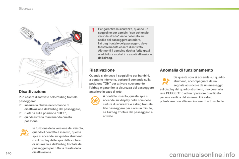 Peugeot 508 RXH 2016  Manuale del proprietario (in Italian) 140
508_it_Chap05_securite_ed01-2016
disattivazione
Può essere disattivato solo lairbag frontale 
passeggero:
F
 in
serire la chiave nel comando di 
disattivazione dellairbag del passeggero,
F
 ru
