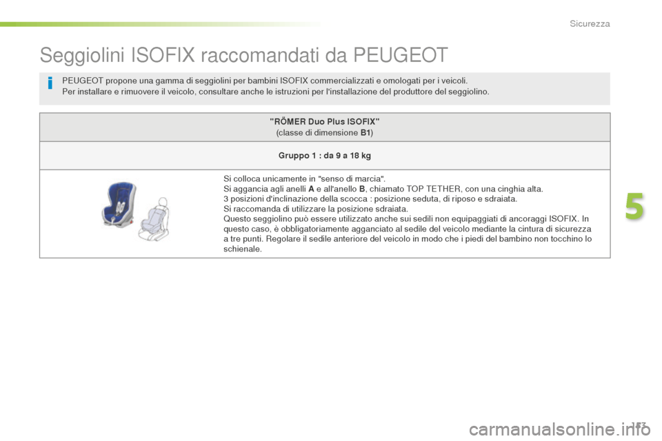 Peugeot 508 RXH 2016  Manuale del proprietario (in Italian) 153
508_it_Chap05_securite_ed01-2016
Seggiolini ISOFIX raccomandati da PEUGEOT
"RÖMeR duo Plus iSoFiX"  
(classe di dimensione B1 )
gru

ppo 1
 : d
 a 9
 a 1
 8
 k
 g
Si colloca unicamente in "senso 