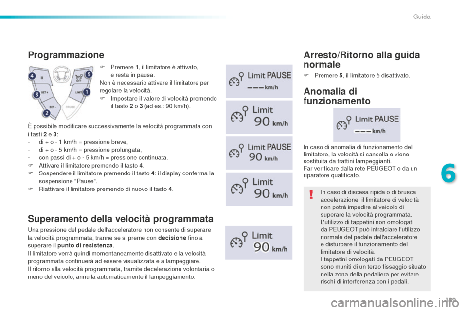 Peugeot 508 RXH 2016  Manuale del proprietario (in Italian) 189
508_it_Chap06_conduite_ed01-2016
F Premere 1, il l imitatore è attivato,  
e resta in pausa.
Non è necessario attivare il limitatore per 
regolare la velocità.
F
 Im

postare il valore di veloc