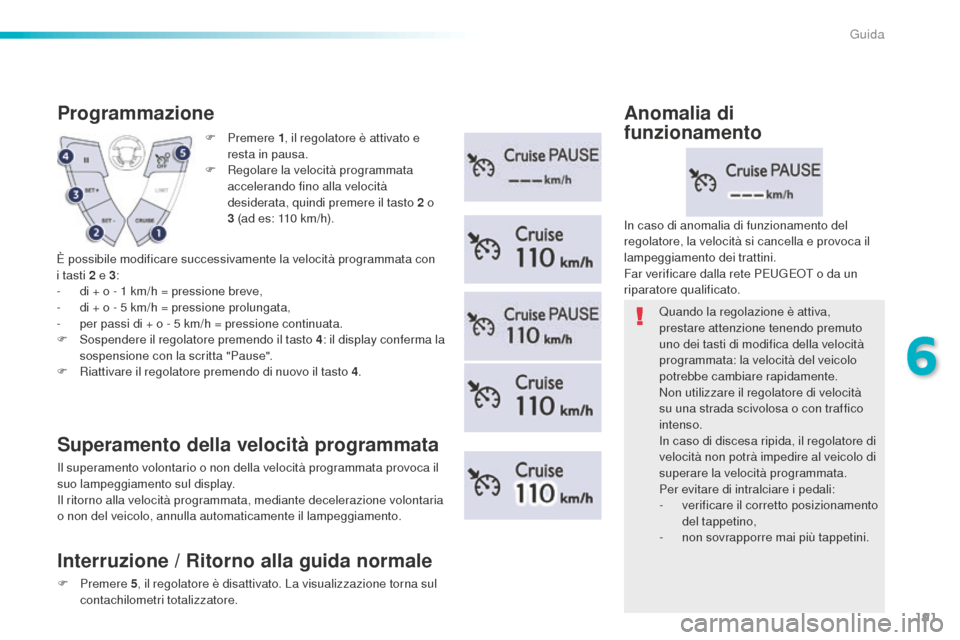Peugeot 508 RXH 2016  Manuale del proprietario (in Italian) 191
508_it_Chap06_conduite_ed01-2016
F Premere 1, il r egolatore è attivato e 
resta in pausa.
F
 Re

golare la velocità programmata 
accelerando fino alla velocità 
desiderata, quindi premere il t