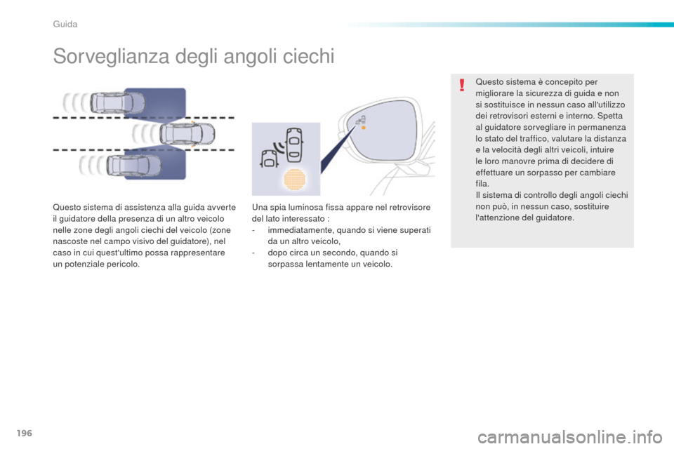 Peugeot 508 RXH 2016  Manuale del proprietario (in Italian) 196
508_it_Chap06_conduite_ed01-2016
Sorveglianza degli angoli ciechi
Questo sistema di assistenza alla guida avverte 
il guidatore della presenza di un altro veicolo 
nelle zone degli angoli ciechi d