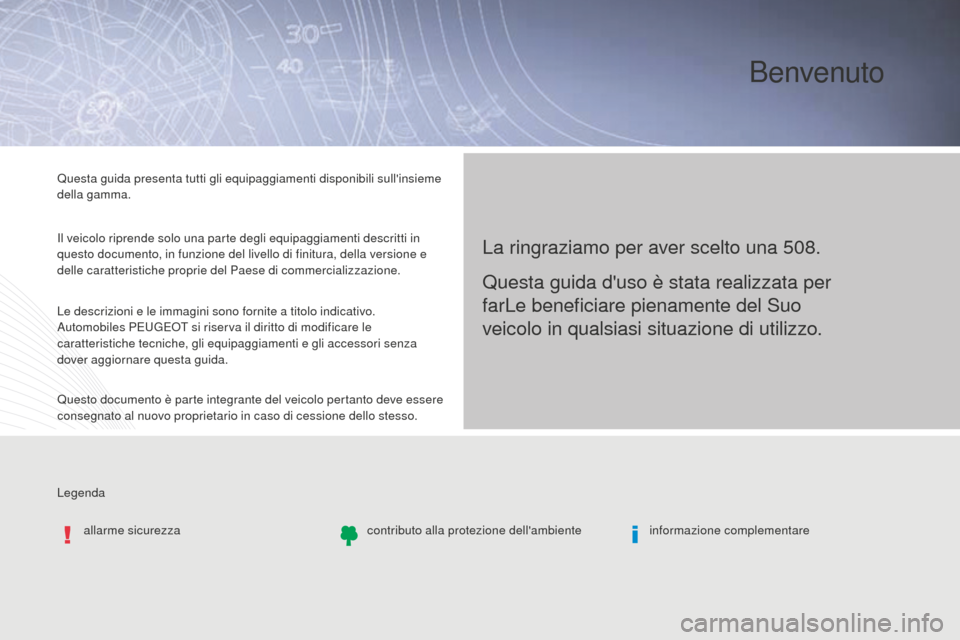 Peugeot 508 RXH 2016 Manuale del proprietario (in Italian) Legenda Questa guida presenta tutti gli equipaggiamenti disponibili sullinsieme
della gamma.
Il veicolo riprende solo una parte degli equipaggiamenti descritti in
questo documento, in funzione del Peugeot 508 RXH 2016 Manuale del proprietario (in Italian) Legenda Questa guida presenta tutti gli equipaggiamenti disponibili sullinsieme
della gamma.
Il veicolo riprende solo una parte degli equipaggiamenti descritti in
questo documento, in funzione del