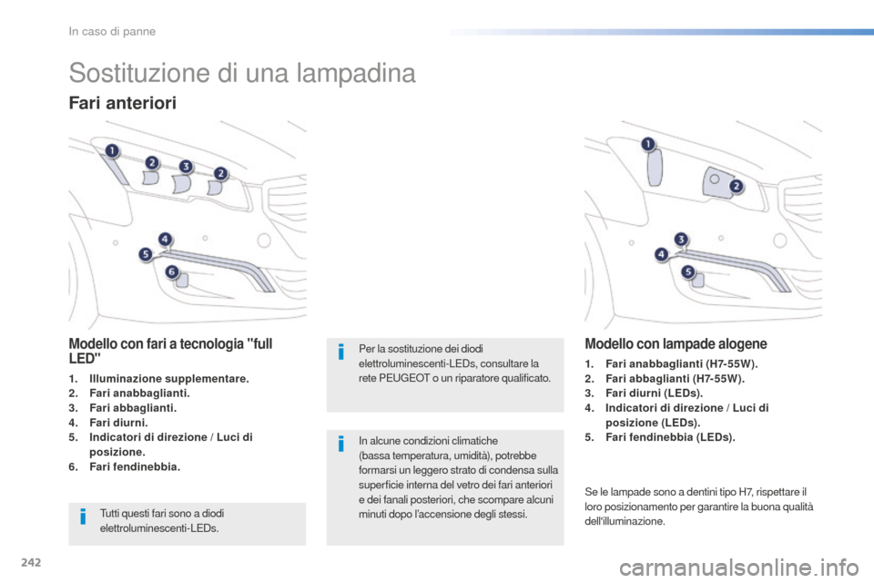 Peugeot 508 RXH 2016  Manuale del proprietario (in Italian) 242
508_it_Chap08_en-cas-de-pannes_ed01-2016
Sostituzione di una lampadina
Fari anteriori
Modello con fari a tecnologia "full 
Led"
1. illuminazione supplementare.
2. Fa
ri anabbaglianti.
3.
 Fa

ri a